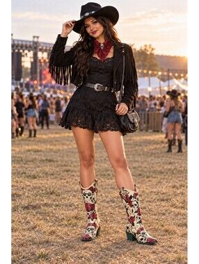 Nomad Yippy Skull Rose Rubber Cowboy Rain Boots Women’s 8 Gothic Western